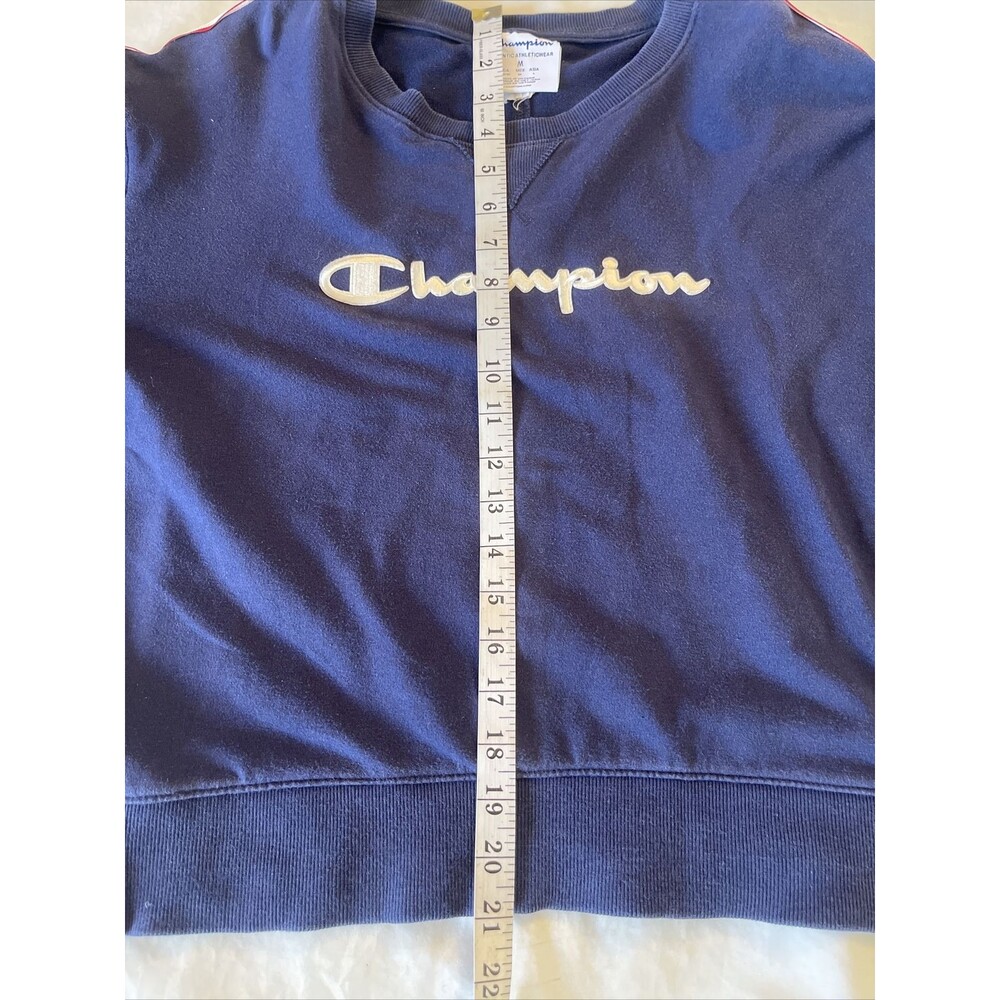 Champion Heritage Crewneck Sweatshirt Navy Blue Spellout Sleeve Stripe Sz Medium - Picture 12 of 13